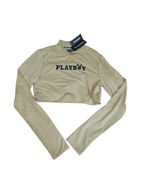 PLAYBOY Cropped Long-Sleeve Top in Cream with Black Logo